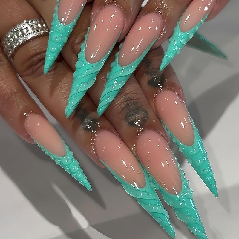 SEENEEY Stiletto Press on Nails Long Fake Nails Green Extra Long Glossy Acrylic Nail Press on French Tip Artificial with 3D Water Droplets Designs Stick on Nail for Women 24pcs - Image 1